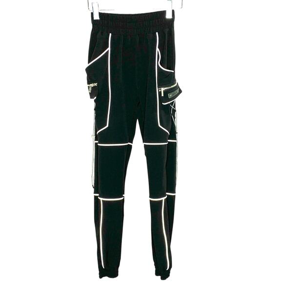 Maniere De Voir 4 Womens Reflective Piped Cargo Pants Black Modern - Picture 2 of 10